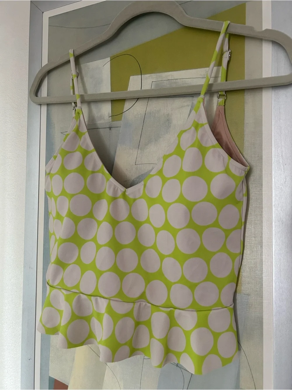 Kortni Jeane Scoop back top Lime Green white polka dots